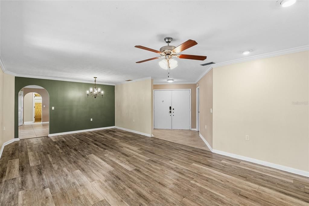 Chandelier, Empty room, Interior, Recessed Lighting, Wood Texture Flooring