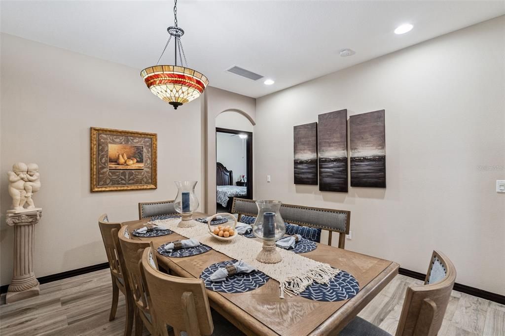 Dining room, Interior, Pendant Lights, Recessed Lighting, Wood Texture Flooring