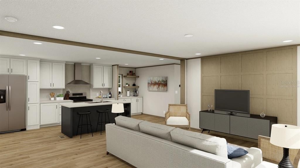 Interior, Kitchen, Living room, Recessed Lighting, Wood Texture Flooring