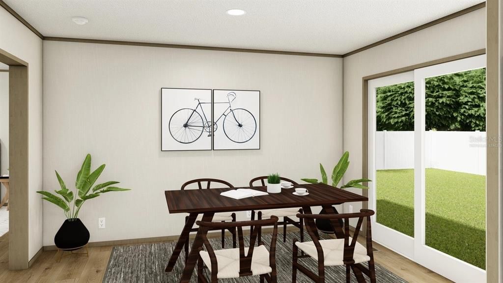 Dining room, Interior, Recessed Lighting, Wood Texture Flooring