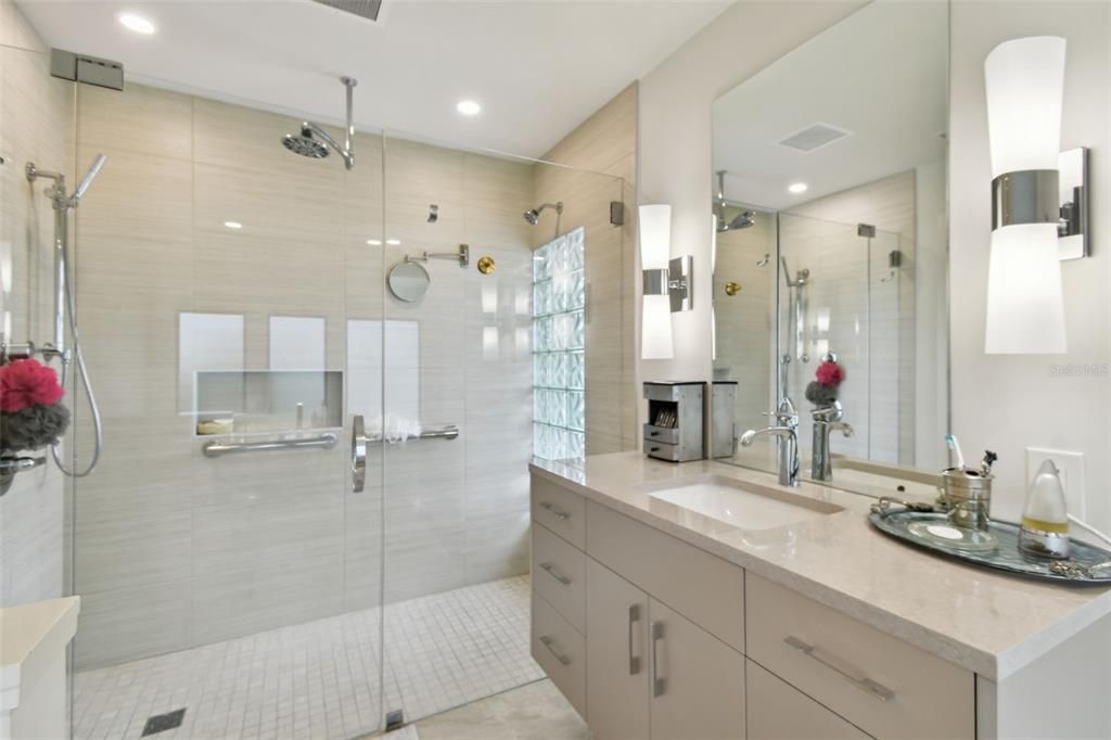 Bathroom, Dual Sink Vanities, Glass Shower, Interior, Recessed Lighting