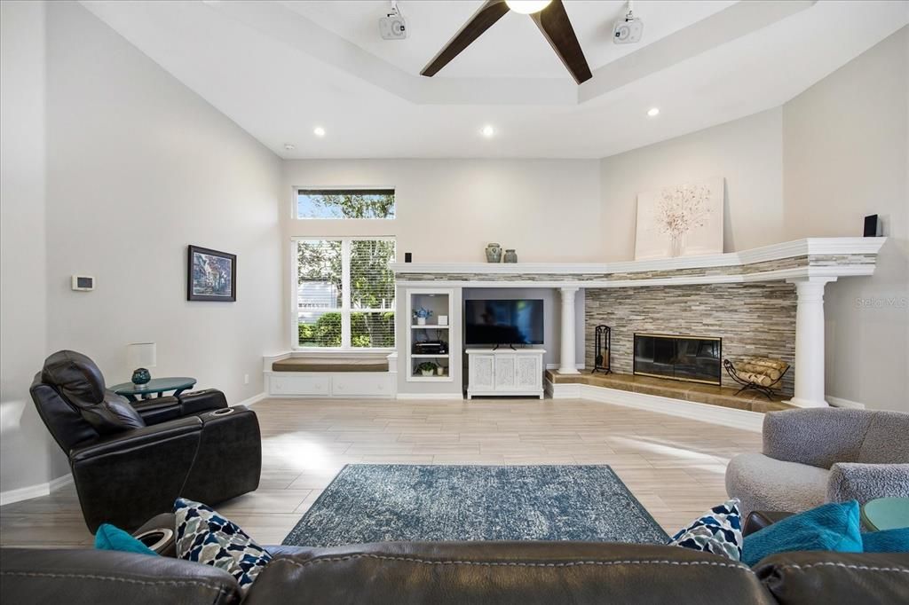 Fireplace, Interior, Living room, Recessed Lighting, Wood Texture Flooring