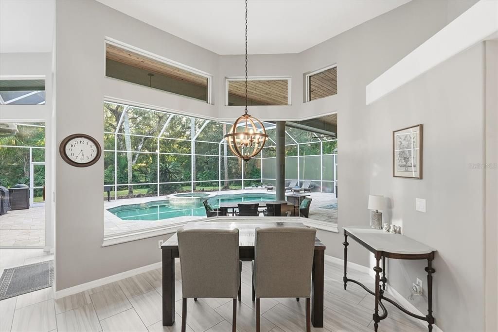 Chandelier, Interior, Pool, Sun Room, Wood Texture Flooring