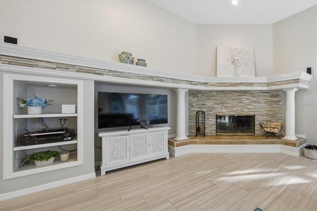 Fireplace, Interior, Recessed Lighting, Wood Texture Flooring