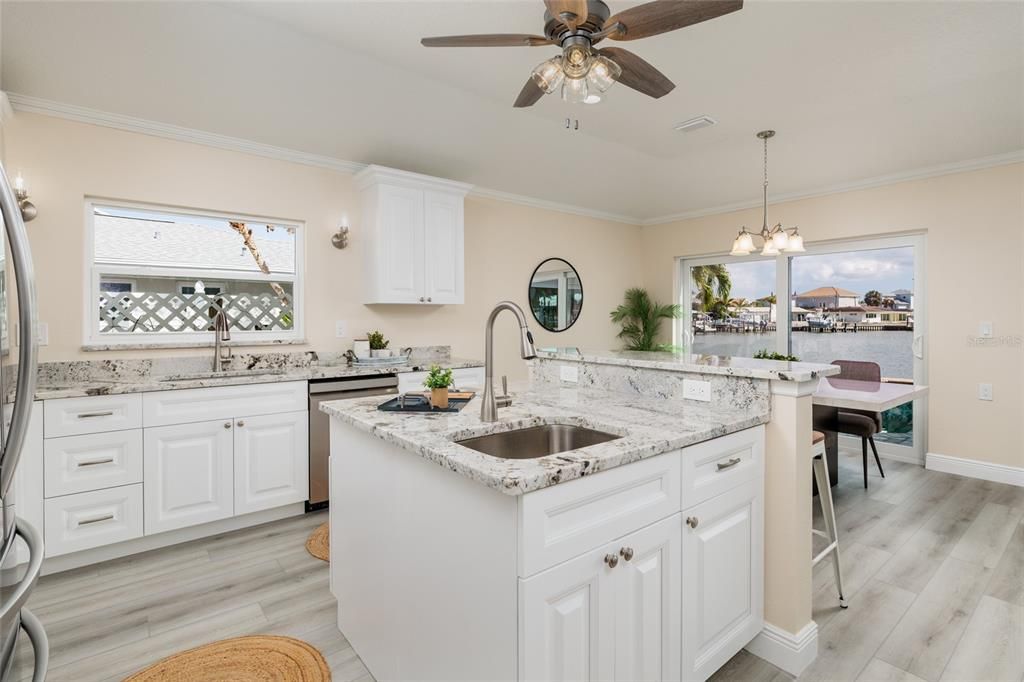 Dining room, Interior, Kitchen, Pendant Lights, Water, Wood Texture Flooring