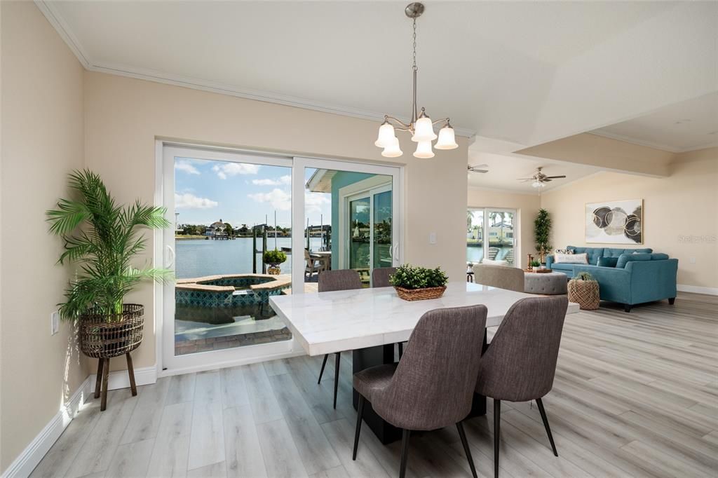 Dining room, Interior, Living room, Pendant Lights, Water, Wood Texture Flooring