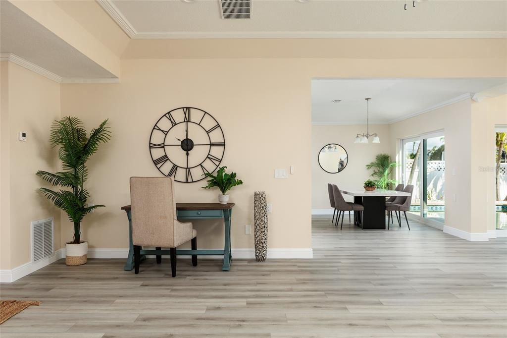 Dining room, Interior, Pendant Lights, Wood Texture Flooring