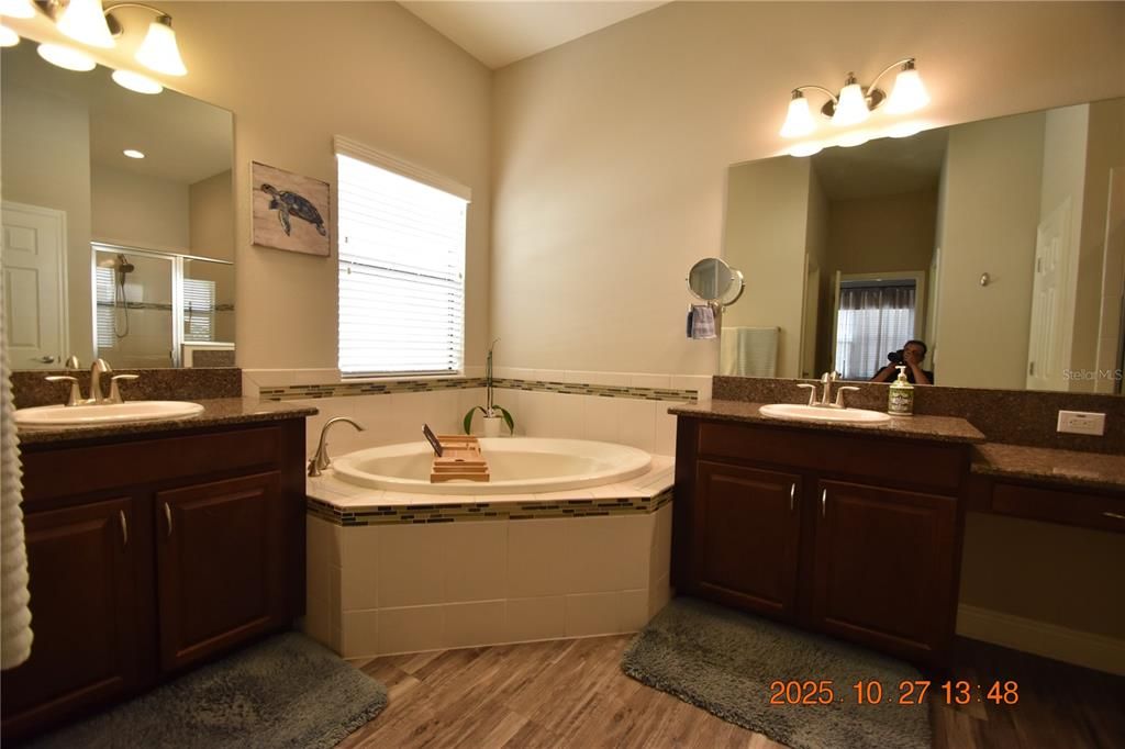 Bathroom, Dual Sink Vanities, Interior, Recessed Lighting, Wood Texture Flooring