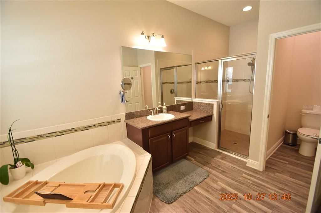 Bathroom, Glass Shower, Interior, Recessed Lighting, Wood Texture Flooring