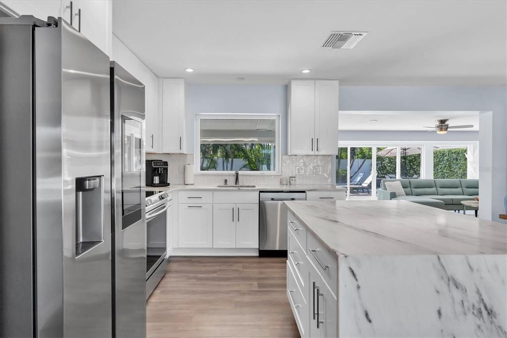 Interior, Kitchen, Living room, Recessed Lighting, Stainless Steel Appliances, Wood Texture Flooring