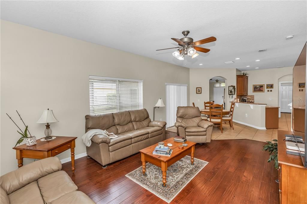 Dining room, Interior, Kitchen, Living room, Recessed Lighting, Wood Texture Flooring