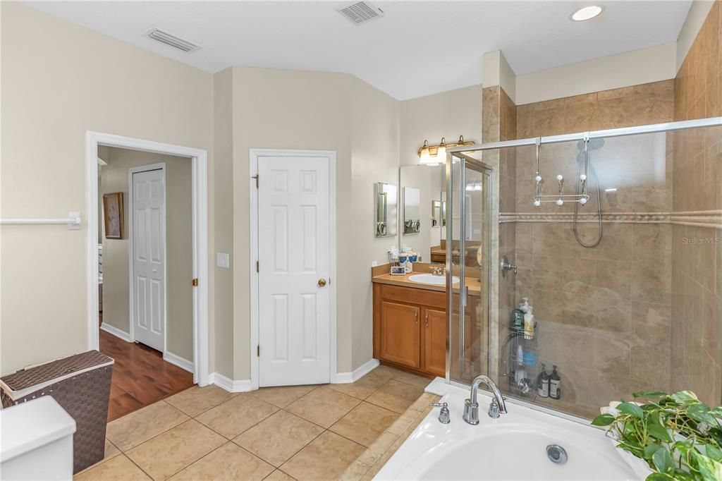 Bathroom, Glass Shower, Interior, Recessed Lighting, Wood Texture Flooring