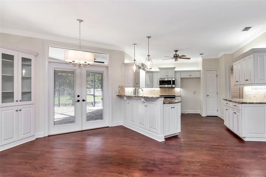 Empty room, Interior, Kitchen, Pendant Lights, Wood Texture Flooring