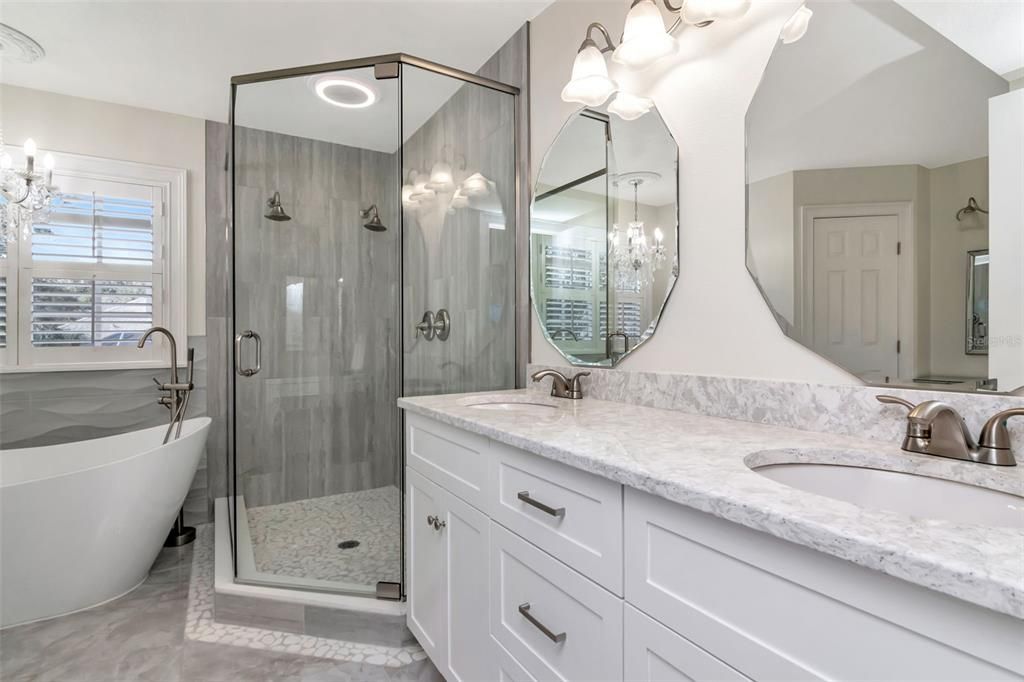 Bathroom, Dual Sink Vanities, Free Standing Baths, Glass Shower, Interior, Marble, Recessed Lighting