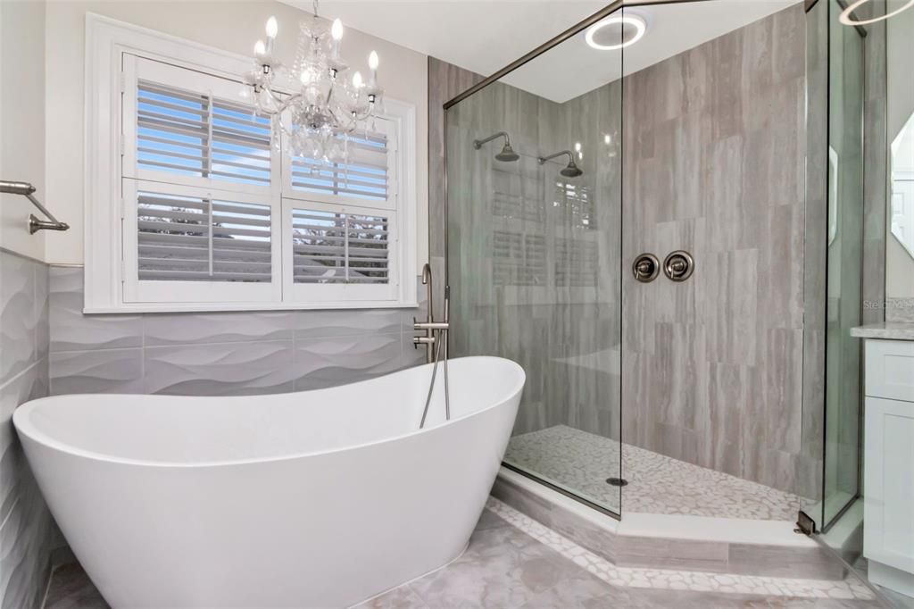 Bathroom, Chandelier, Free Standing Baths, Glass Shower, Interior, Recessed Lighting