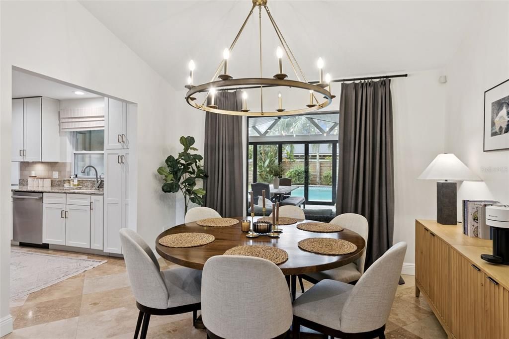 Chandelier, Dining room, Interior, Kitchen, Pendant Lights, Recessed Lighting, Stainless Steel Appliances