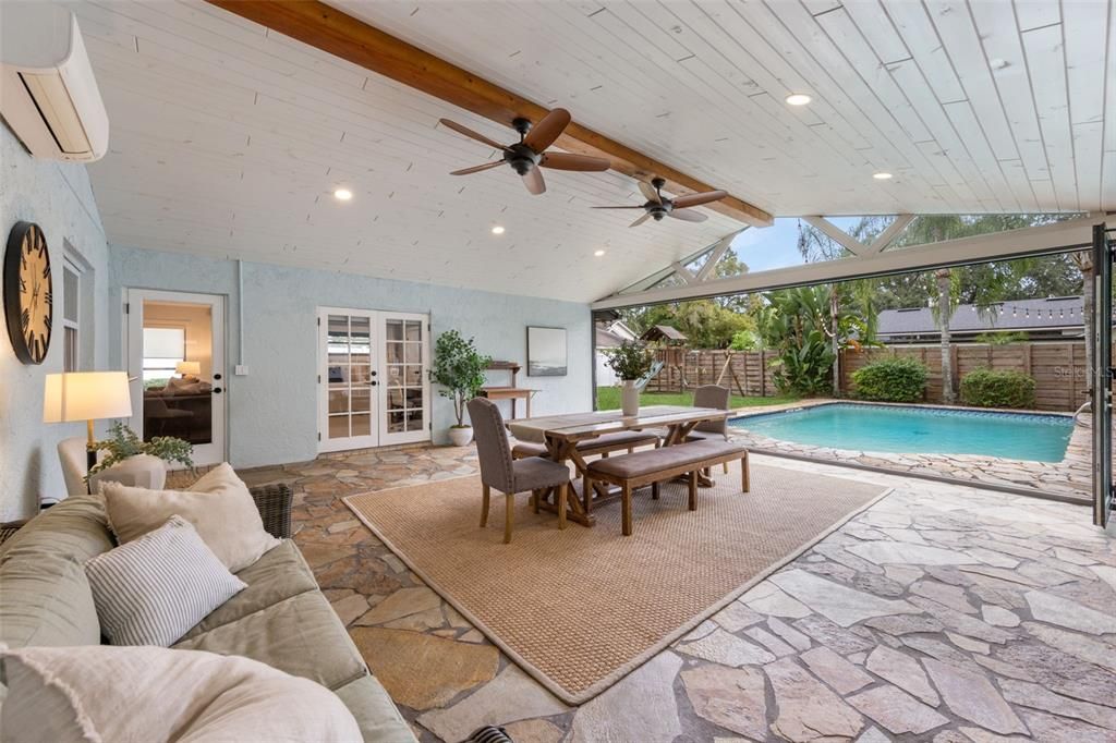 Dining room, Interior, Living room, Pool, Recessed Lighting, Sun Room, Wooden Beams