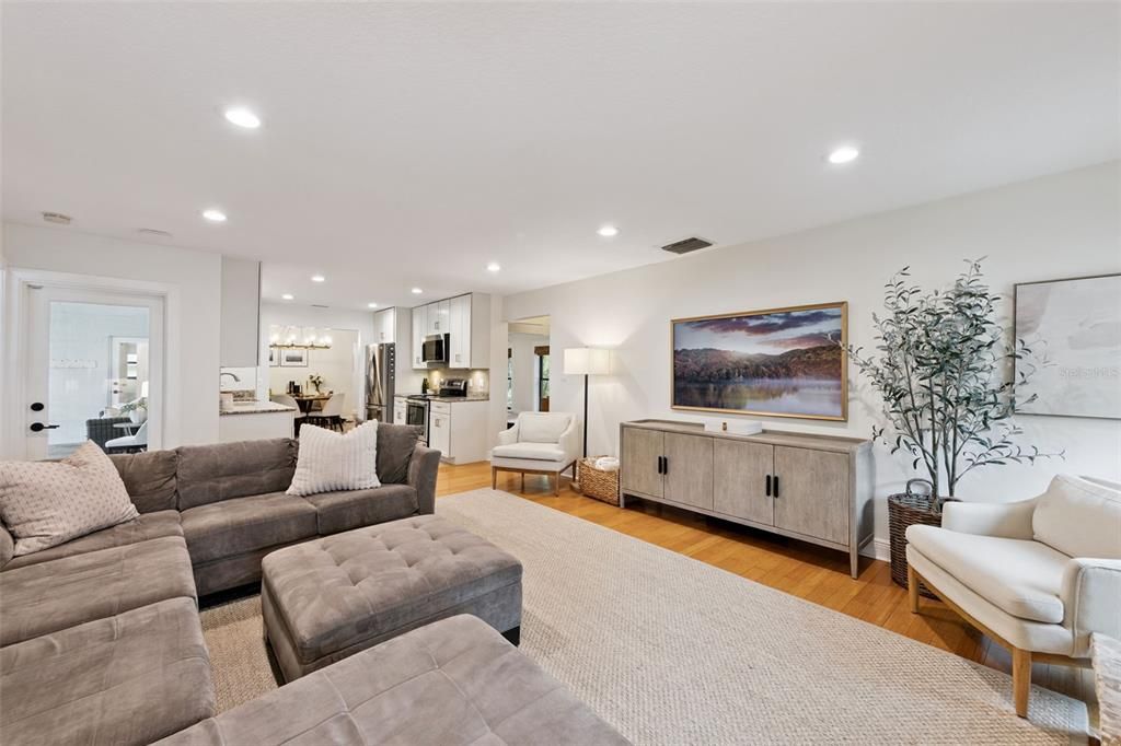 Interior, Kitchen, Living room, Pendant Lights, Recessed Lighting, Stainless Steel Appliances, Wood Texture Flooring