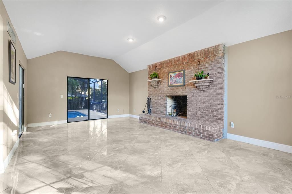 Empty room, Fireplace, Interior, Recessed Lighting, Stone Walls