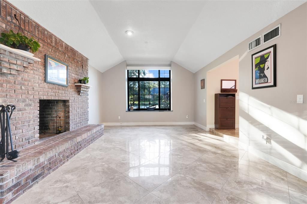 Empty room, Fireplace, Interior, Recessed Lighting, Stone Walls