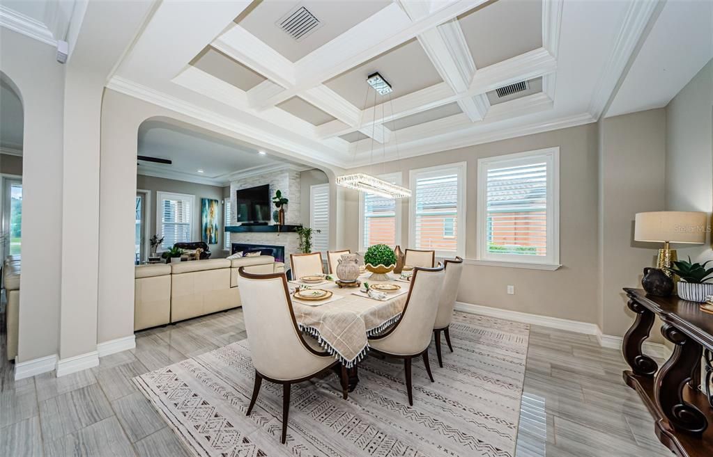 Dining room, Interior, Living room, Pendant Lights, Recessed Lighting, Wood Texture Flooring