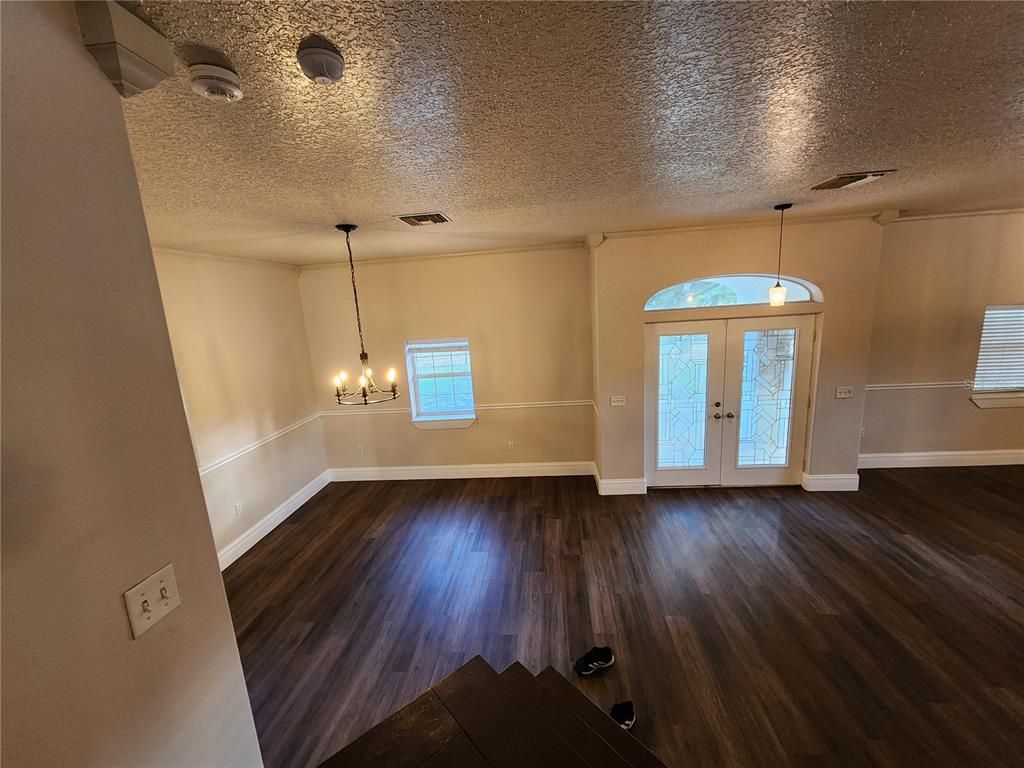 Chandelier, Empty room, Interior, Pendant Lights, Wood Texture Flooring