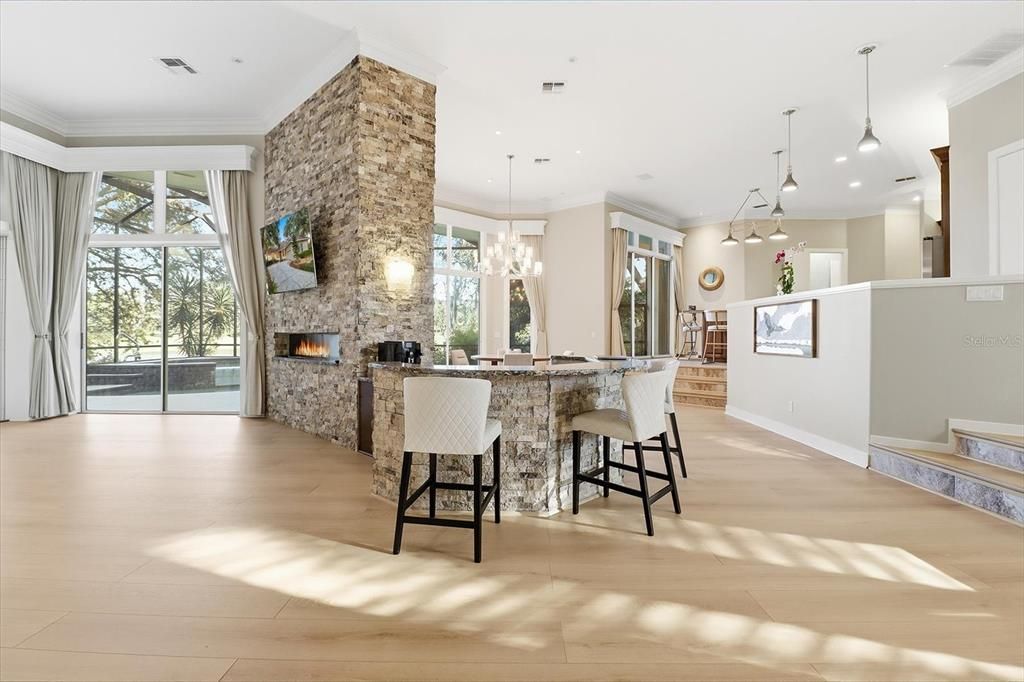 Fireplace, Interior, Pendant Lights, Recessed Lighting, Stone Walls, Wood Texture Flooring
