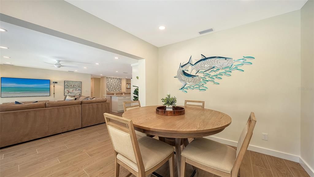 Dining room, Interior, Living room, Recessed Lighting, Wood Texture Flooring