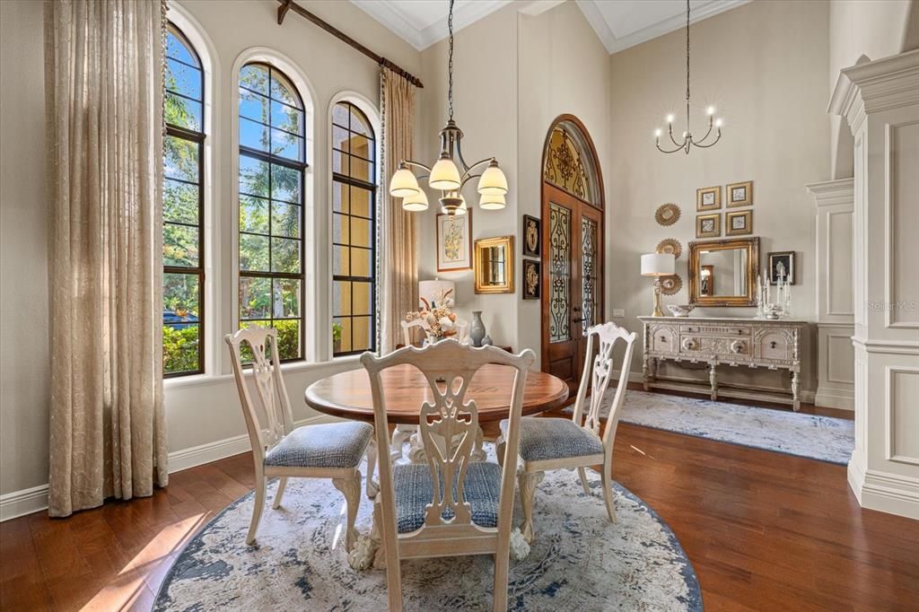 Chandelier, Dining room, Interior, Wood Texture Flooring