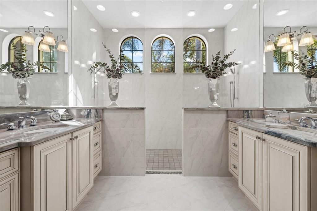 Bathroom, Dual Sink Vanities, Interior, Marble, Marble Walls, Recessed Lighting