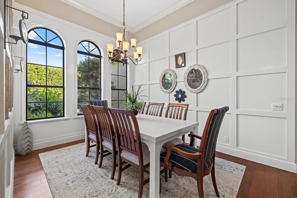 Chandelier, Dining room, Interior, Wood Texture Flooring