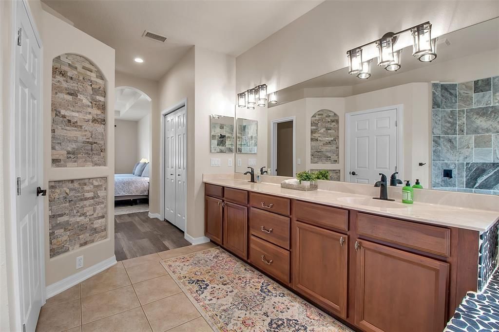 Bathroom, Bedroom, Dual Sink Vanities, Interior, Recessed Lighting, Wood Texture Flooring