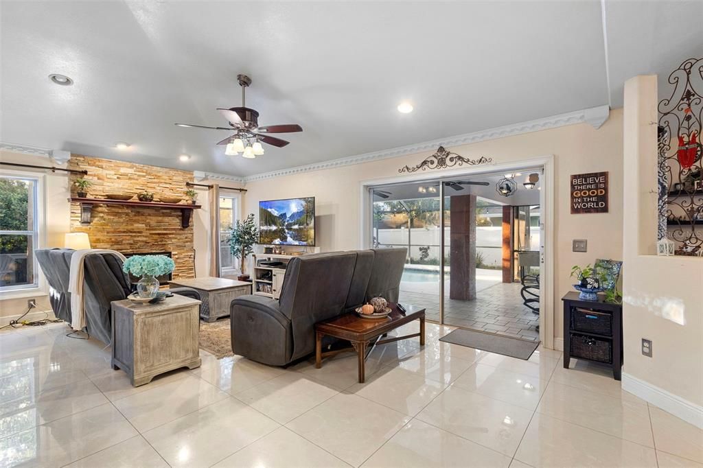 Fireplace, Interior, Living room, Recessed Lighting, Stone Walls