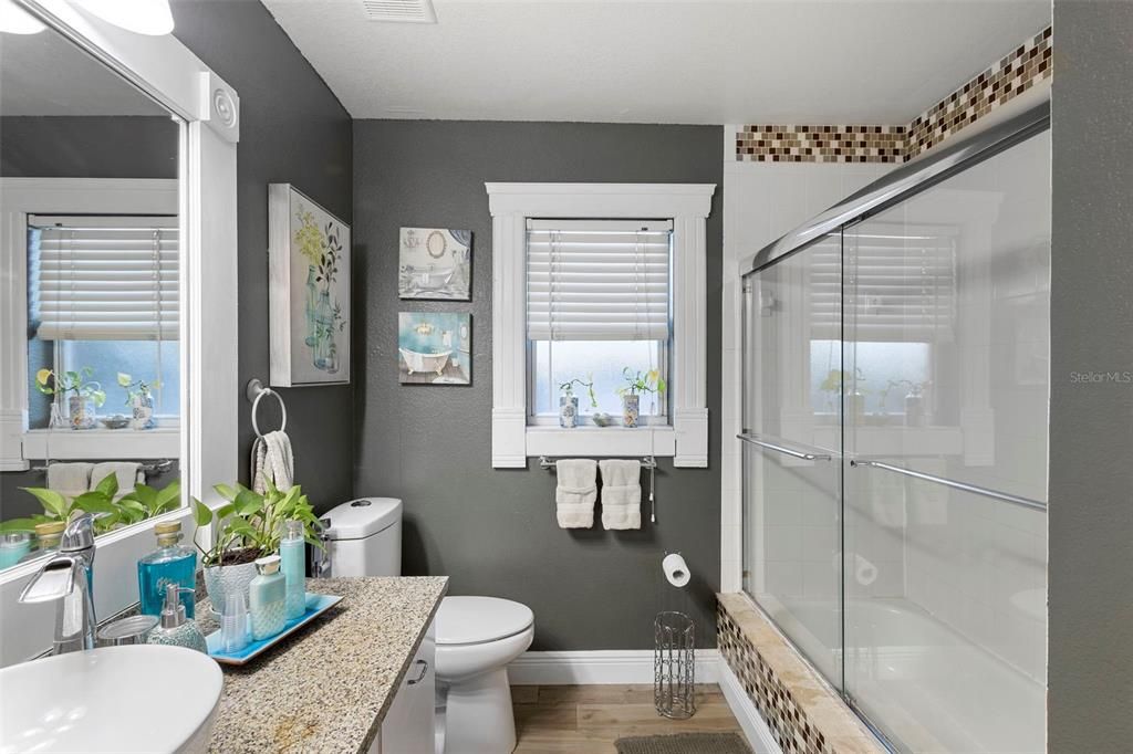 Bathroom, Glass Shower, Interior, Wood Texture Flooring