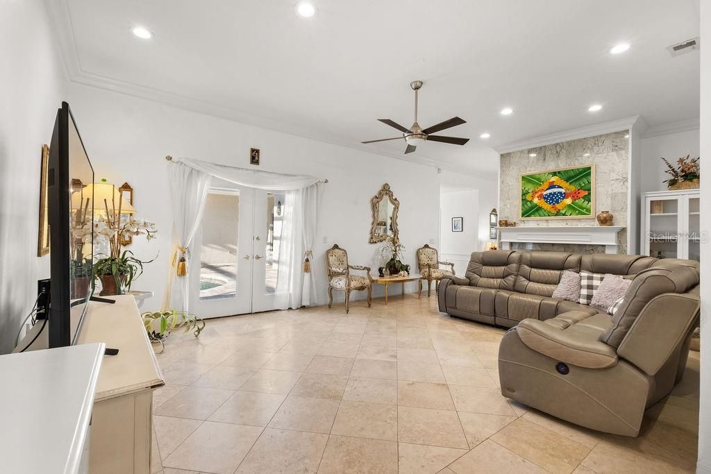 Fireplace, Interior, Living room, Recessed Lighting, Stone Walls