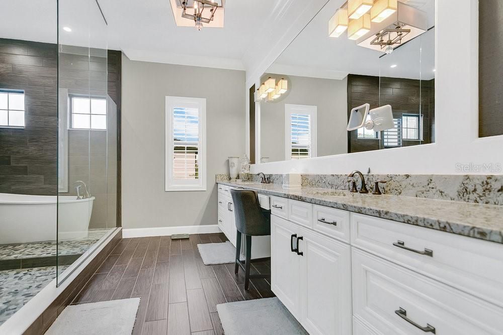 Bathroom, Dual Sink Vanities, Glass Shower, Interior, Recessed Lighting, Wood Texture Flooring