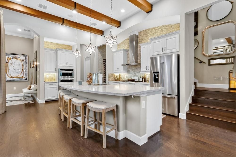 Interior, Kitchen, Pendant Lights, Recessed Lighting, Stainless Steel Appliances, Wooden Beams, Wood Texture Flooring
