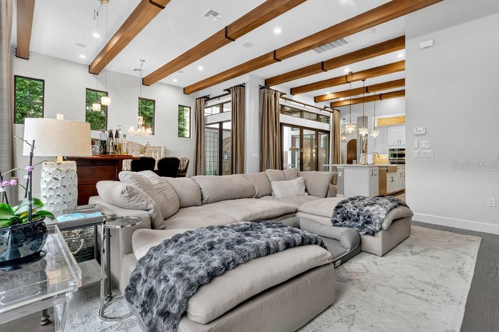 Interior, Living room, Pendant Lights, Recessed Lighting, Wooden Beams