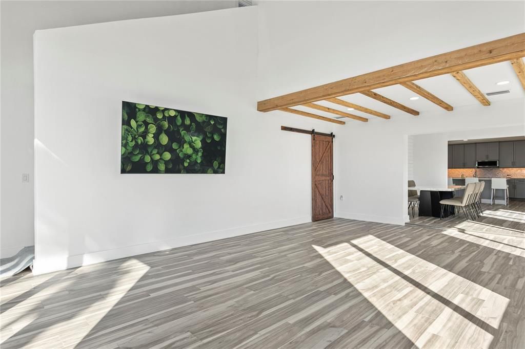 Dining room, Interior, Recessed Lighting, Wooden Beams, Wood Texture Flooring