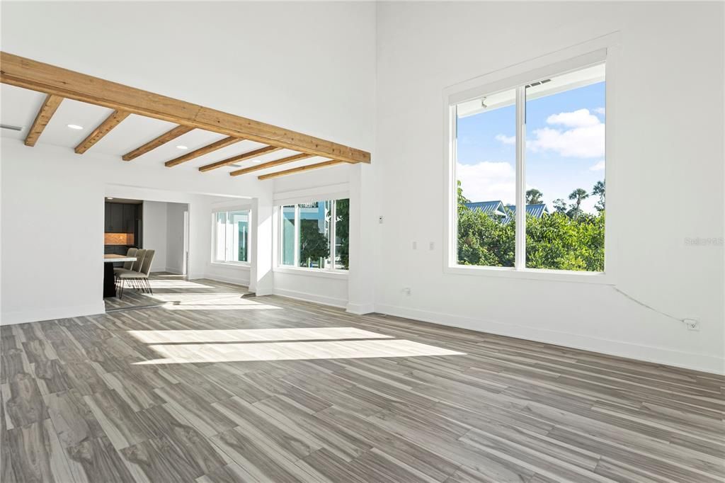 Empty room, Fireplace, Interior, Recessed Lighting, Wooden Beams, Wood Texture Flooring