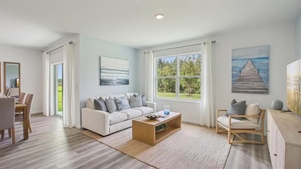 Dining room, Interior, Living room, Recessed Lighting, Wood Texture Flooring