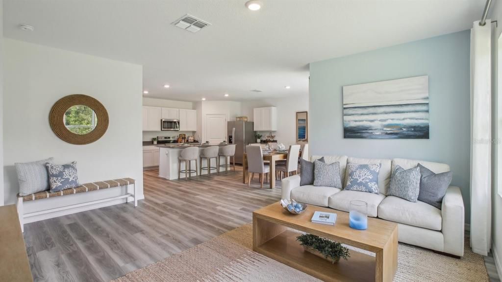 Dining room, Interior, Kitchen, Living room, Recessed Lighting, Stainless Steel Appliances, Wood Texture Flooring