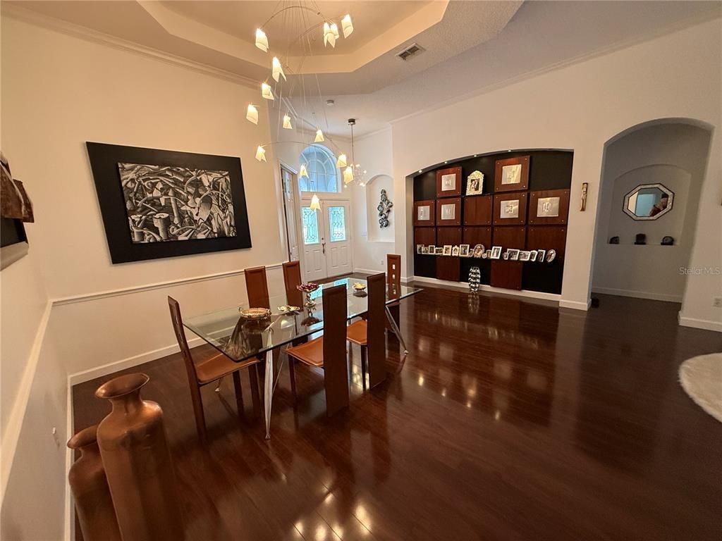 Dining room, Interior, Pendant Lights, Wood Texture Flooring