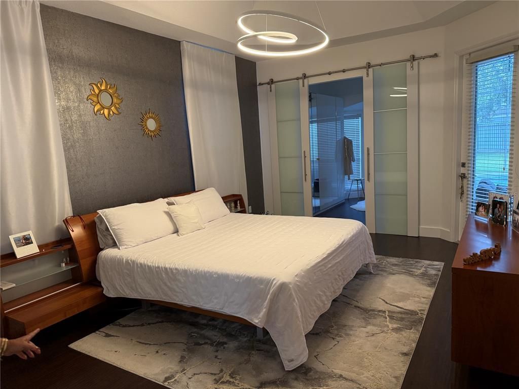 Bedroom, Interior, Pendant Lights, Wood Texture Flooring