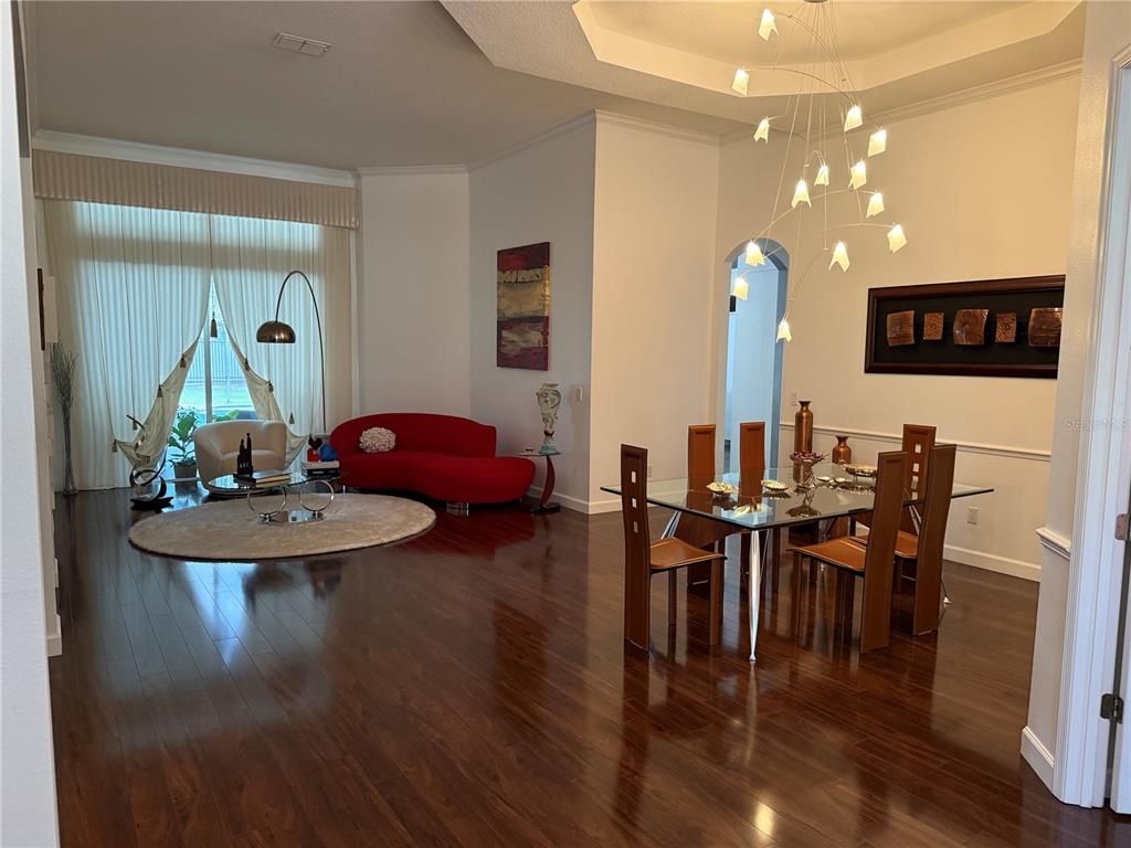 Dining room, Interior, Pendant Lights, Wood Texture Flooring