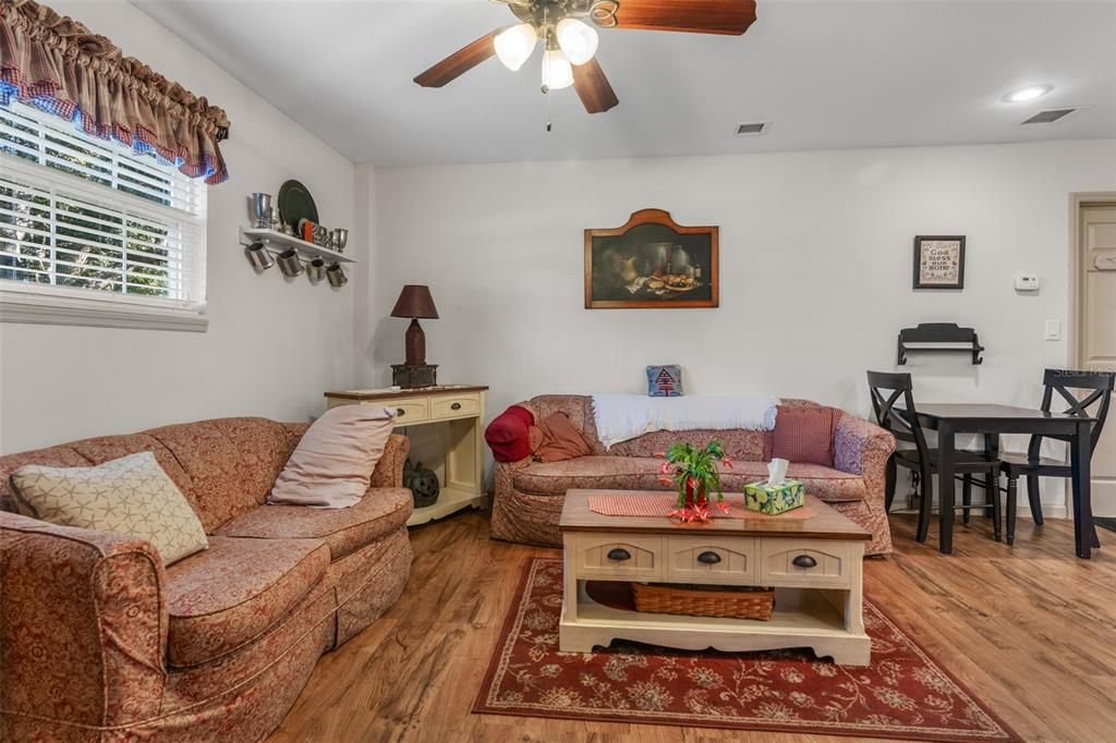 Dining room, Interior, Living room, Recessed Lighting, Wood Texture Flooring