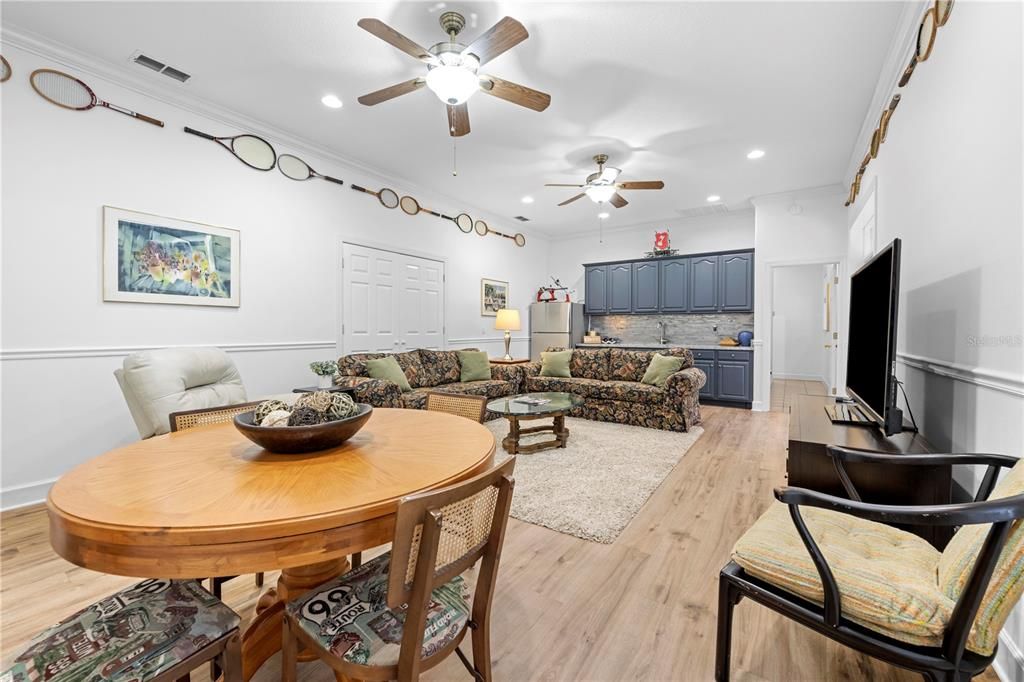 Dining room, Interior, Living room, Recessed Lighting, Wood Texture Flooring