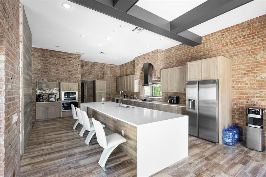 Interior, Kitchen, Recessed Lighting, Stainless Steel Appliances, Stone Walls, Wooden Beams, Wood Texture Flooring