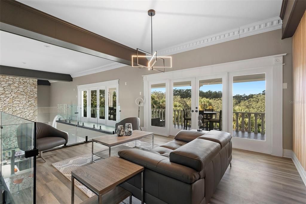 Fireplace, Interior, Living room, Pendant Lights, Stone Walls, Wood Texture Flooring