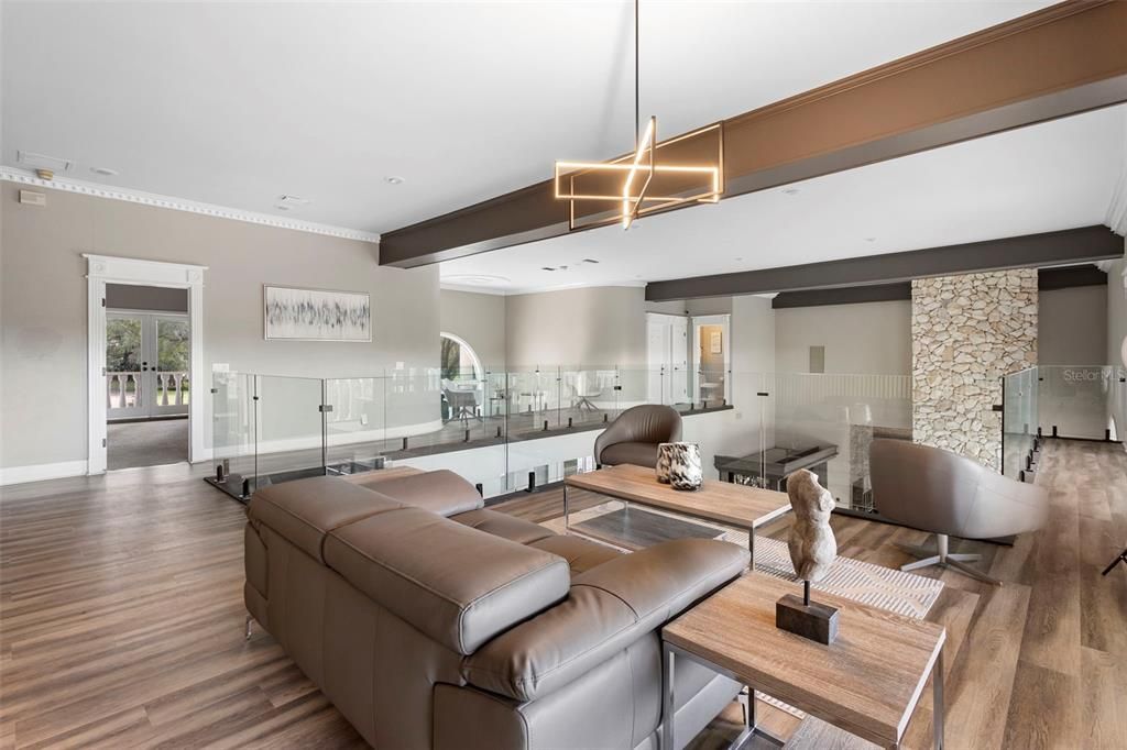 Interior, Living room, Pendant Lights, Recessed Lighting, Stone Walls, Wooden Beams, Wood Texture Flooring